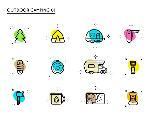 Conjunto Iconos Camping Vectorial Actividad Aire Libre Wilderness Vector Ilustración — Vector de stock