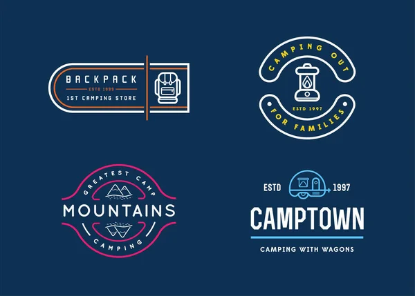 Wilderness Camping Logo Sjablonen Gesigneerd Ontwerp Met Elementen Fictieve Voorbeeldtekst — Stockvector