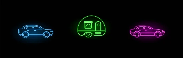 Neon Car Pictogrammen Ingesteld Drie Verschillende Auto Elektrische Neon Kleur — Stockvector