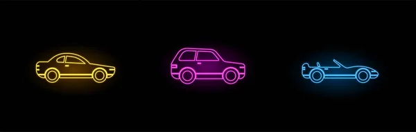 Neon Autó Ikonok Beállítva Három Különböző Autó Elektromos Neon Szín — Stock Vector