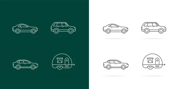 Cars Icons Set White Lines Style Dark White Background — Stock Vector