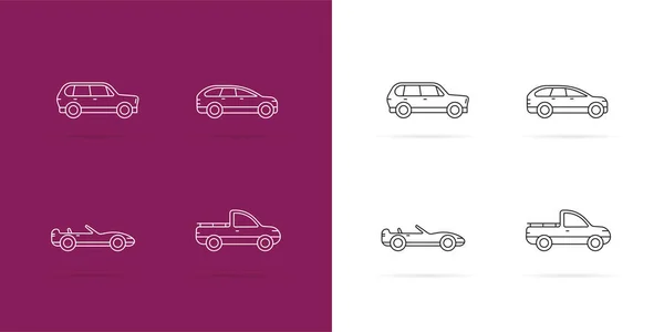Cars Icons Set White Lines Style Dark White Background — Stock Vector