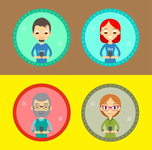 Conjunto Cuatro Iconos Personajes Con Dispositivo Mano Toma Una Selfie — Vector de stock