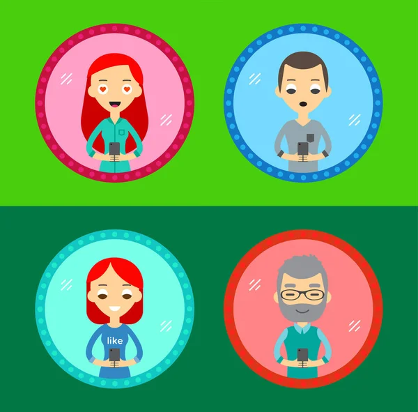 Conjunto Cuatro Iconos Personajes Con Dispositivo Mano Toma Una Selfie — Vector de stock