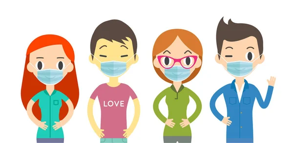 바이러스를 예방하기 보호용 의료용 마스크를 착용하고 남녀들 코로나 바이러스 보호마스크 — 스톡 벡터