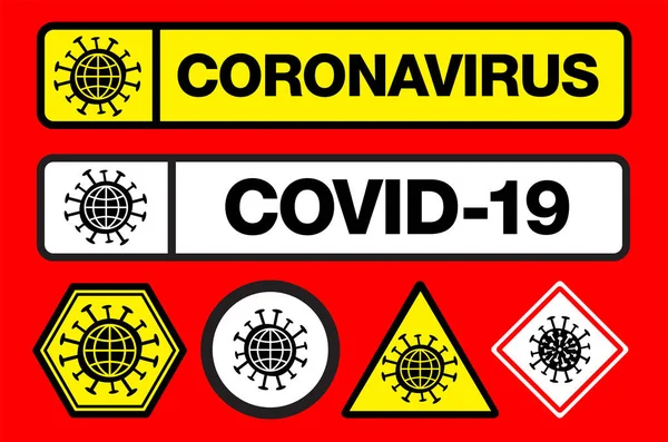 Reeks Waarschuwingsborden Voor Het Coronavirus Met Gele Driehoeken Rechthoeken Met — Stockvector