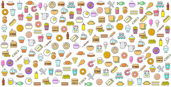 Fast Food 'un renkli seti ya da sokak yemekleri ile ilişkili arka plan. Vektör.