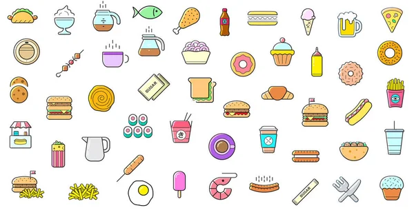 Fast Food 'un renkli seti ya da sokak yemekleri ile ilişkili arka plan. Vektör.
