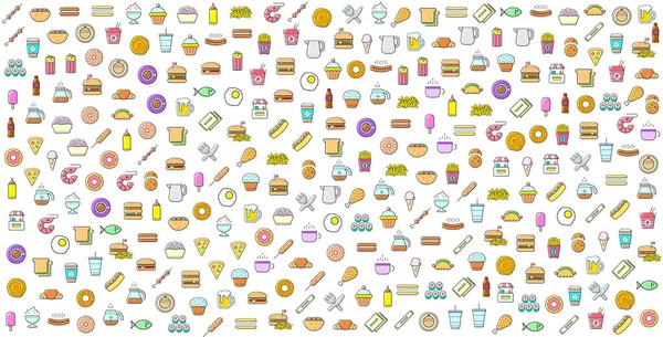 Fast Food 'un renkli seti ya da sokak yemekleri ile ilişkili arka plan. Vektör. Bir sürü element.
