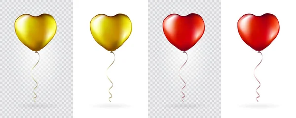 Großes Set Von Goldenen Und Roten Herzförmigen Folienballons Auf Transparentem — Stockvektor