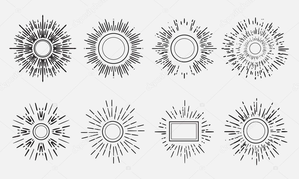 Sunburst Set. Starburst Elements Collection. Explosion in Lined Style.