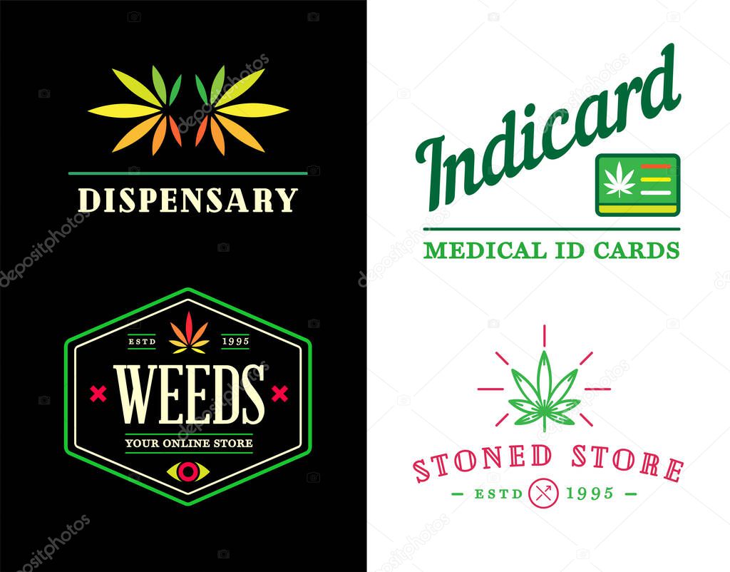 Set of Dispensary Medical Cannabis Marijuana Sign or Label Template in Vector. Sativa and Indica Strains. Fictitious Names for Example.