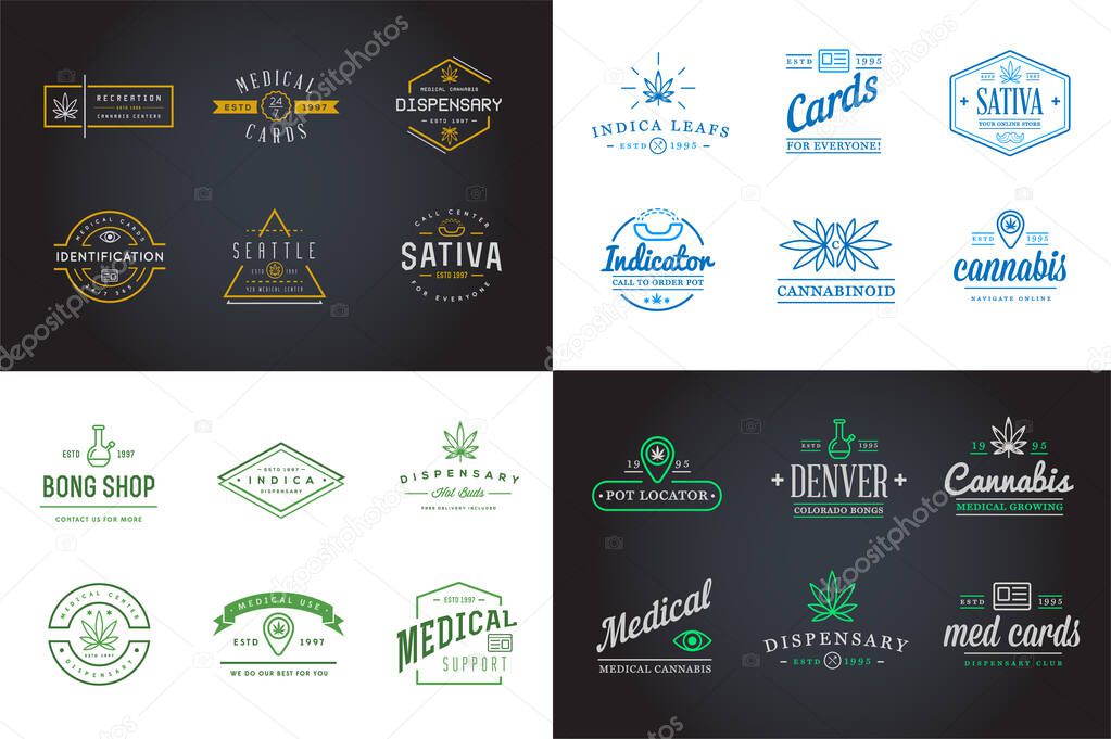Set of Medical Cannabis Marijuana Sign or Label Template in Vector. Can be used as a Logotype. Fictitious Names for Example.