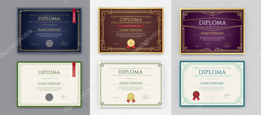 Big Set of 9 Diploma or Certificate Design Template. Ready for Print. Vector.