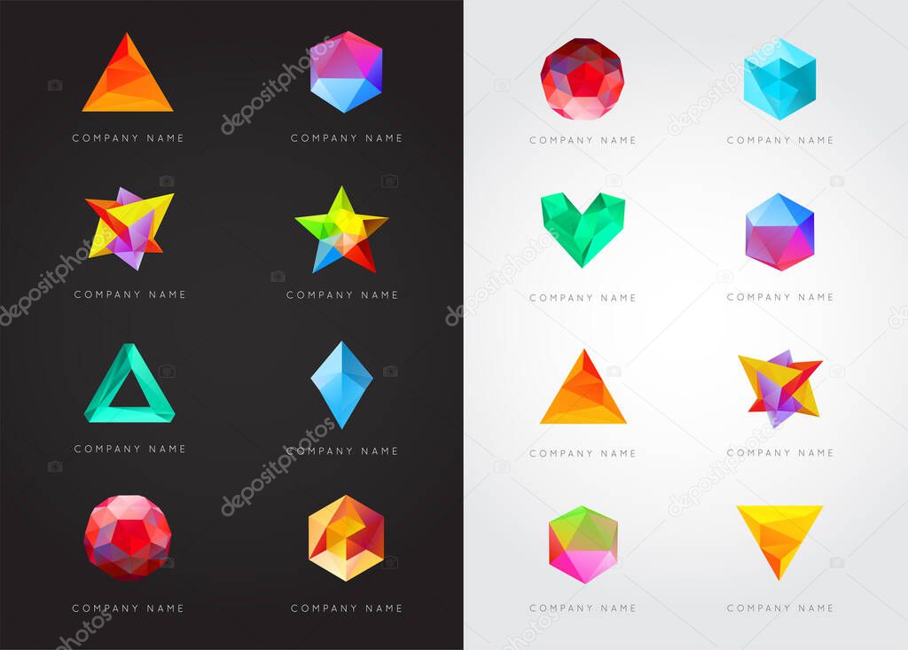 Big Set of Trendy Crystal Triangulated Gem Logo Elements. Perfect for Business. Geometric Low Polygon Style. Visual Identity.