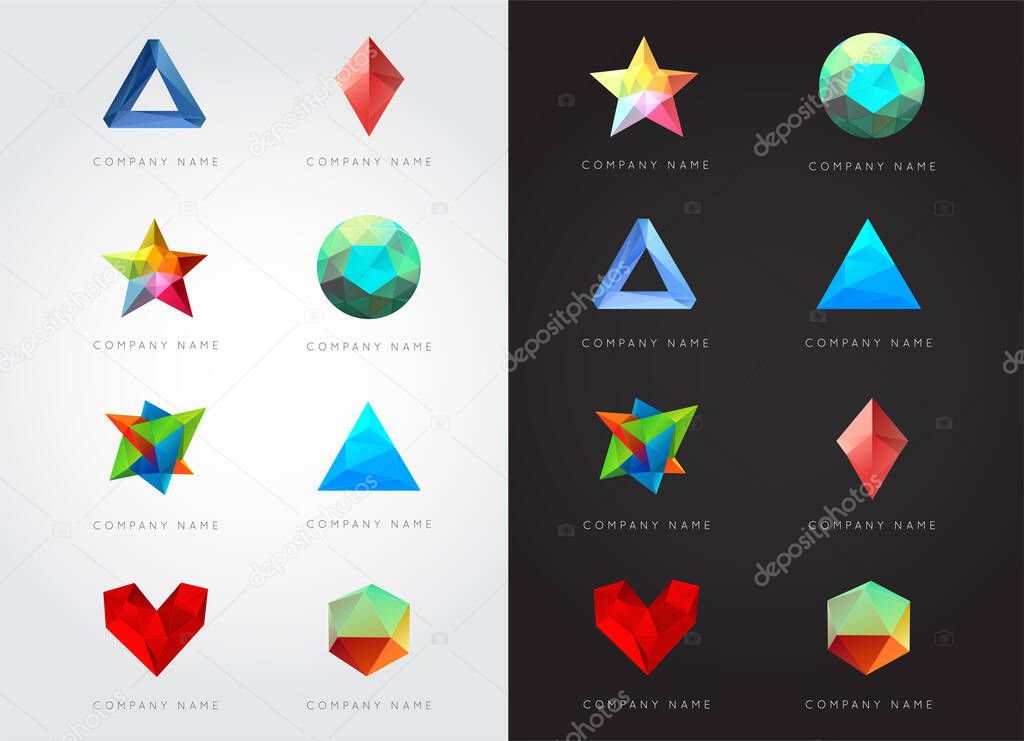 Big Set of Trendy Crystal Triangulated Gem Logo Elements. Perfect for Business. Geometric Low Polygon Style. Visual Identity. Vector.