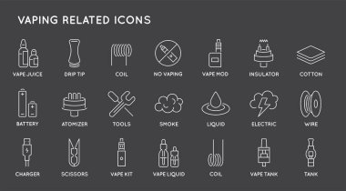 Minimal Vape Vaping Culture Vector Line Icons seti. Mükemmel bir pikseldi. İnce Felç. 48x48. 