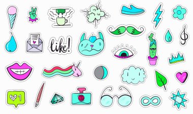 Büyük Buhar Dalgası Renkli Modern Yamalar veya Etiketler. Moda cyan morumsu bantlar. Çizgi film 80 'ler - 90' lar gerileme tarzı. Vektör illüstrasyonu.