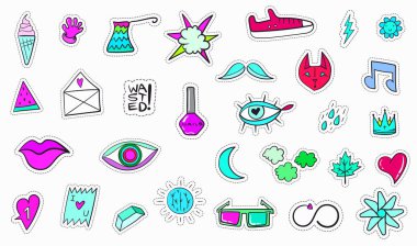 Büyük Buhar Dalgası Renkli Modern Yamalar veya Etiketler. Moda cyan morumsu bantlar. Çizgi film 80 'ler - 90' lar gerileme tarzı. Vektör illüstrasyonu.