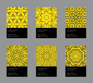 Trendi Sarı ve Gri Renk Örnekleri. Vektör Asgari Grafik. Dikey Soyut Desen Kartları Ayarlandı.
