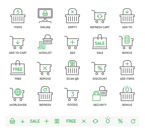 Conjunto Carro Compras Cesta Iconos Tienda Online Alimentos Iconos Línea — Vector de stock