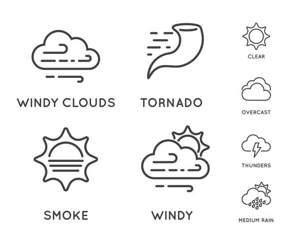 Set Von Wetterbezogenen Zeilensymbolen Enthält Wind Blizzard Sonne Regen Und — Stockvektor