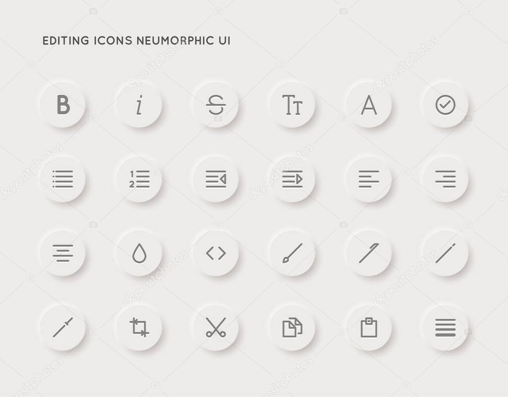 Neumorphic Text Editing User Interface (UI) Vector Icon Set. Neumorphism.