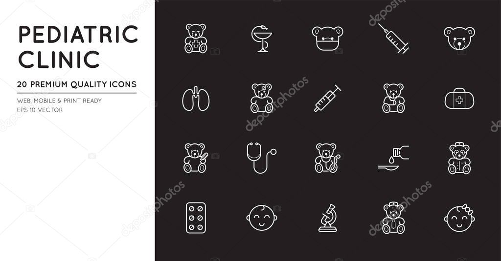 Outline icons set. Pediatric hospital clinic and medical care. Editable stroke. Vector.