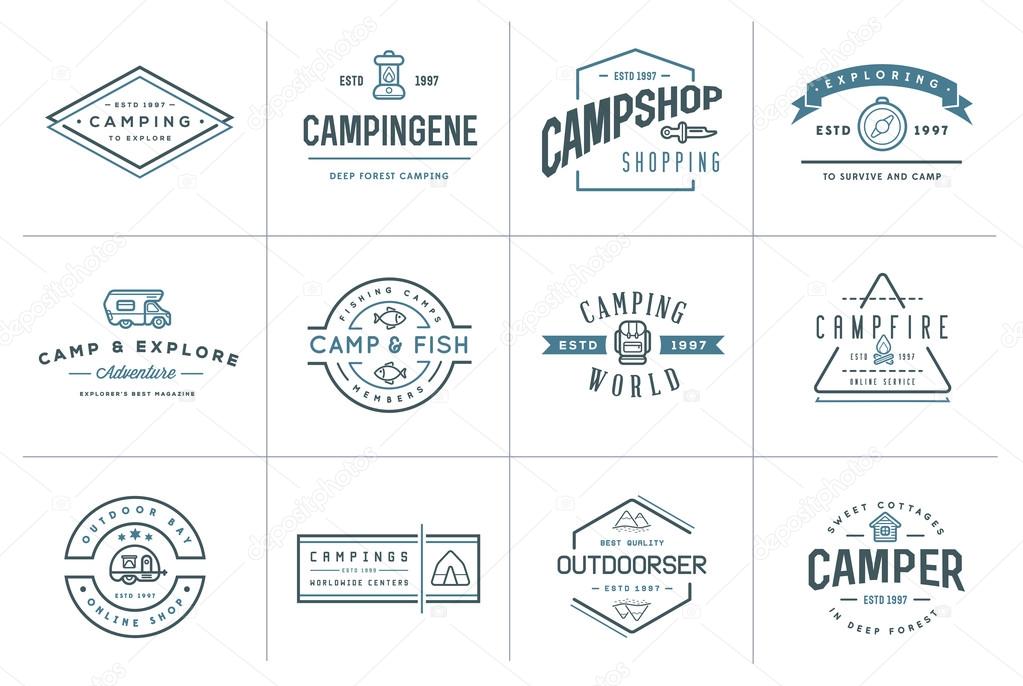 Set of Vector Camping Camp Elements With Fictitious Names and Outdoor Activity Icons Illustration can be used as Logo or Icon in premium quality