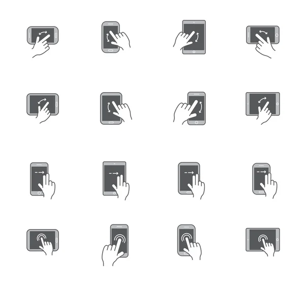 Iconos con las manos sosteniendo el dispositivo inteligente — Vector de stock