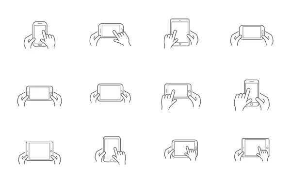 Icone con le mani che tengono il dispositivo intelligente — Vettoriale Stock