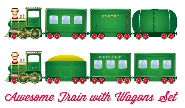 Pociąg z wagonami zielona lokomotywa — Wektor stockowy