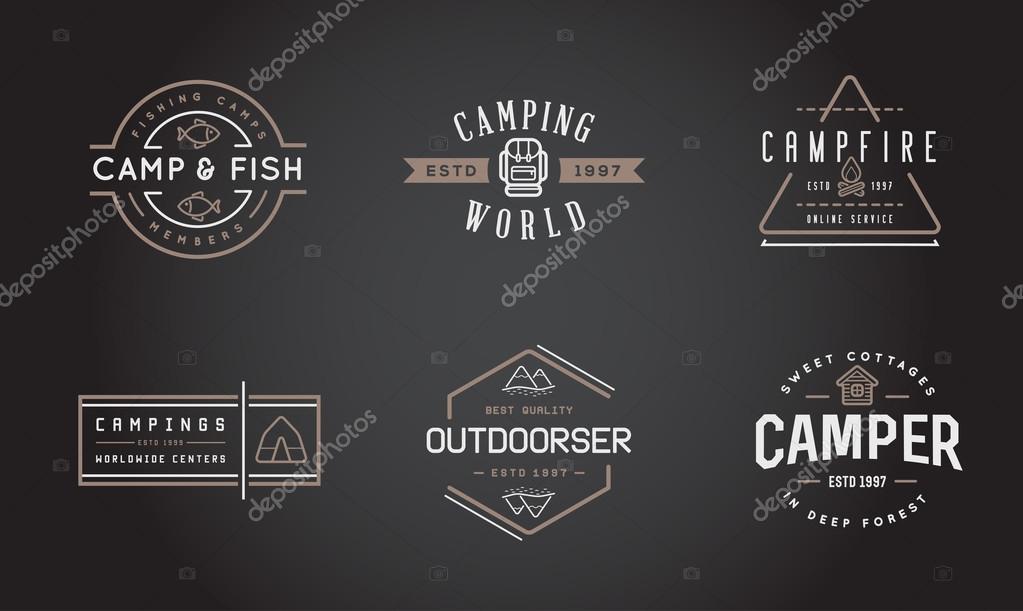 Set of Vector Camping Camp Elements With Fictitious Names and Outdoor Activity Icons Illustration can be used as Logo or Icon in premium quality