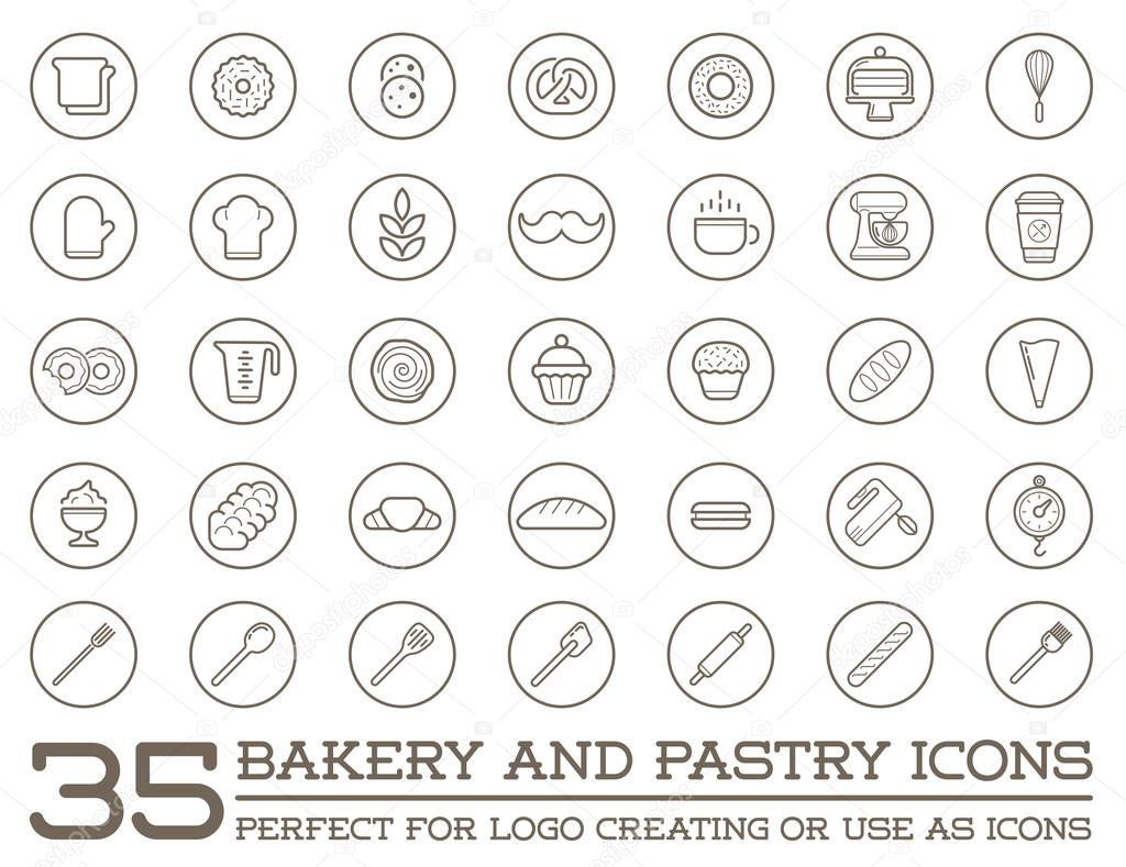 Set of 35 Vector Bakery Pastry Elements and Bread Icons Illustration can be used as Logo or Icon in premium quality