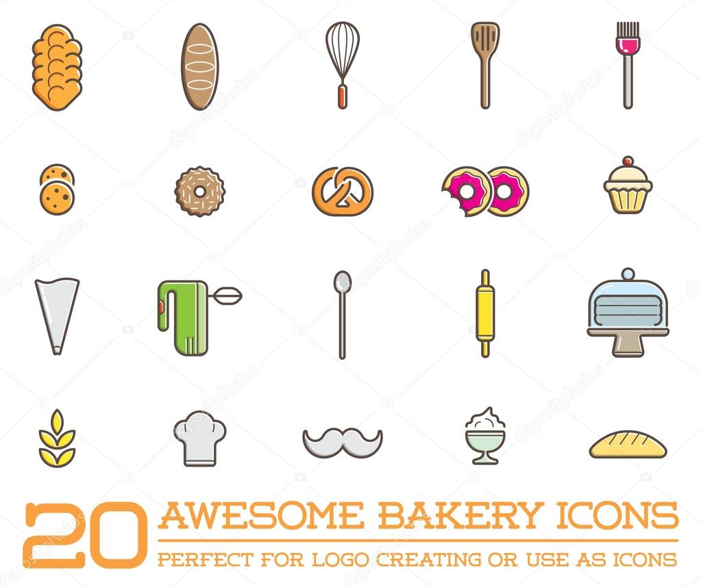 Set of 20 Vector Bakery Pastry Elements and Bread Icons Illustration can be used as Logo or Icon in premium quality