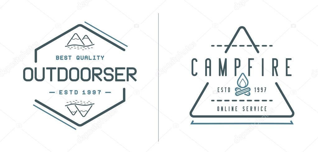 Set of Vector Camping Camp Elements With Fictitious Names and Outdoor Activity Icons Illustration can be used as Logo or Icon in premium quality