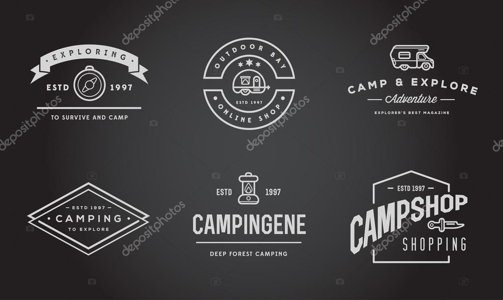 Set of Vector Camping Camp Elements With Fictitious Names and Outdoor Activity Icons Illustration can be used as Logo or Icon in premium quality