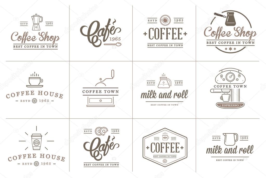 Set of Vector Coffee Logotype Templates and Coffee Accessories Illustration with Incorporated Icons with Fictitious Names