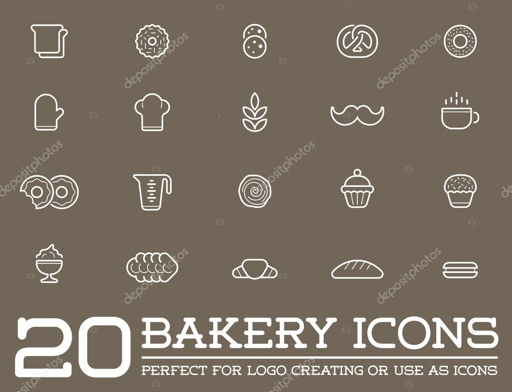 Set of 20 Vector Bakery Pastry Elements and Bread Icons Illustration can be used as Logo or Icon in premium quality