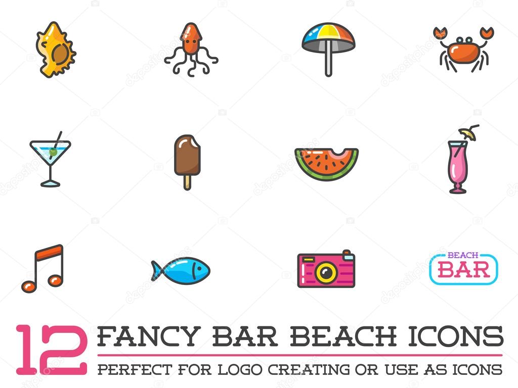 Set of 12 Vector Beach Sea Bar Flat Icons Elements and Summer can be used as Logo or Icon in premium quality