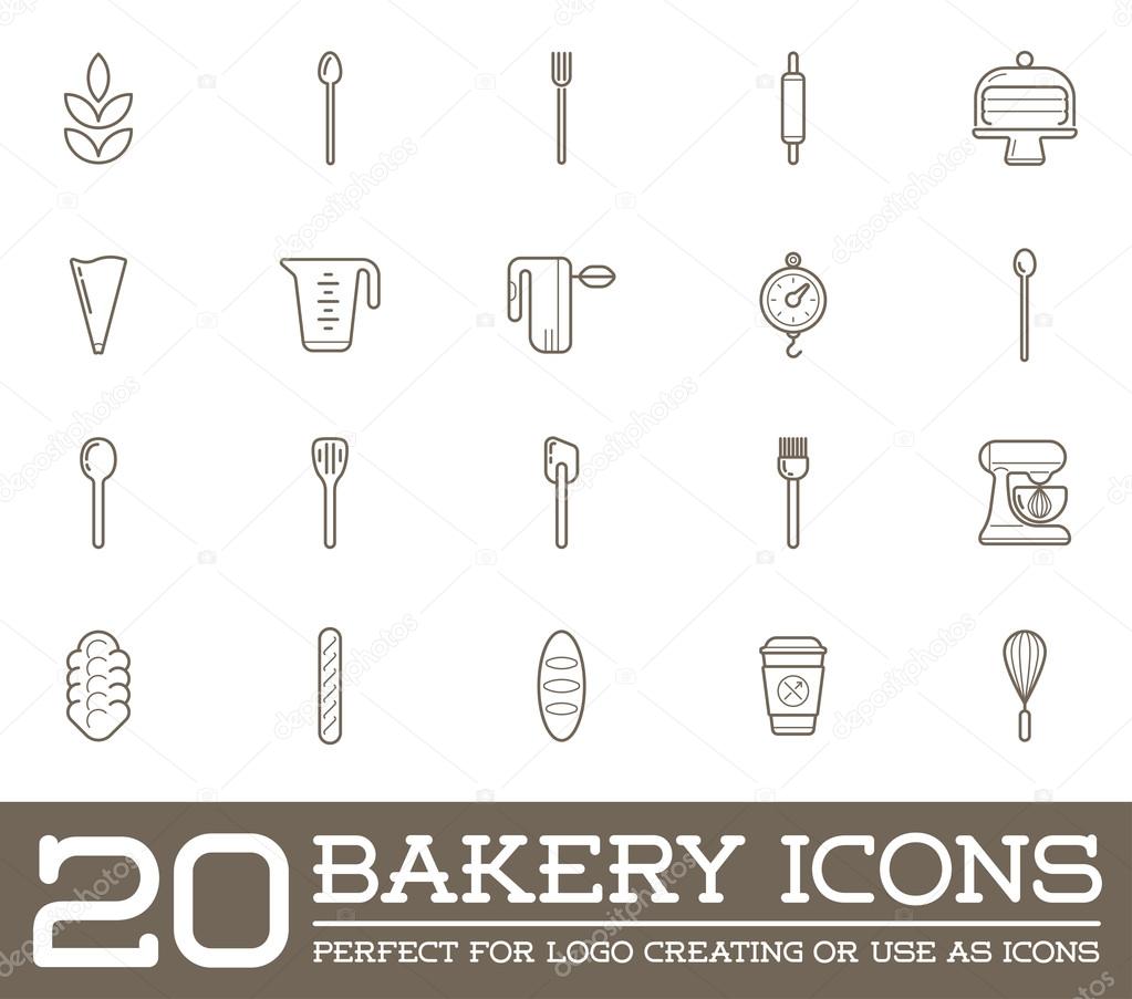Set of 20 Vector Bakery Pastry Elements and Bread Icons Illustration can be used as Logo or Icon in premium quality