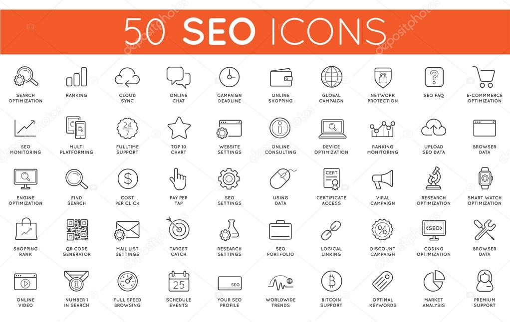 Set of 50 Vector SEO Search Engine Optimisation Elements and Icons Illustration can be used as Logo or Icon in premium quality