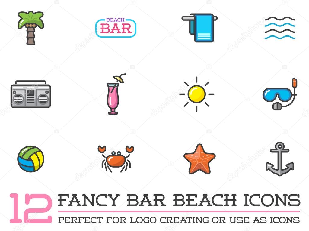 Set of 12 Vector Beach Sea Bar Flat Icons Elements and Summer can be used as Logo or Icon in premium quality