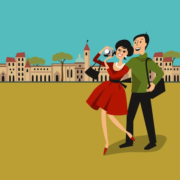 Couple touristique avec caméra dans la ville — Image vectorielle