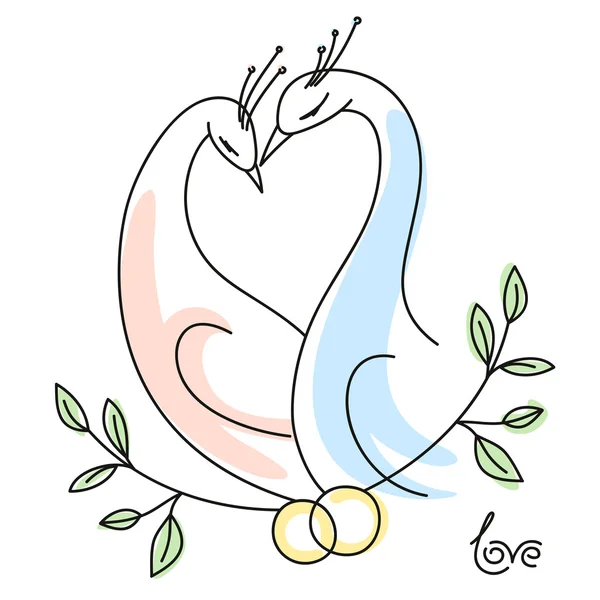 Wedding birds with rings forming a heart shape — Stock Vector