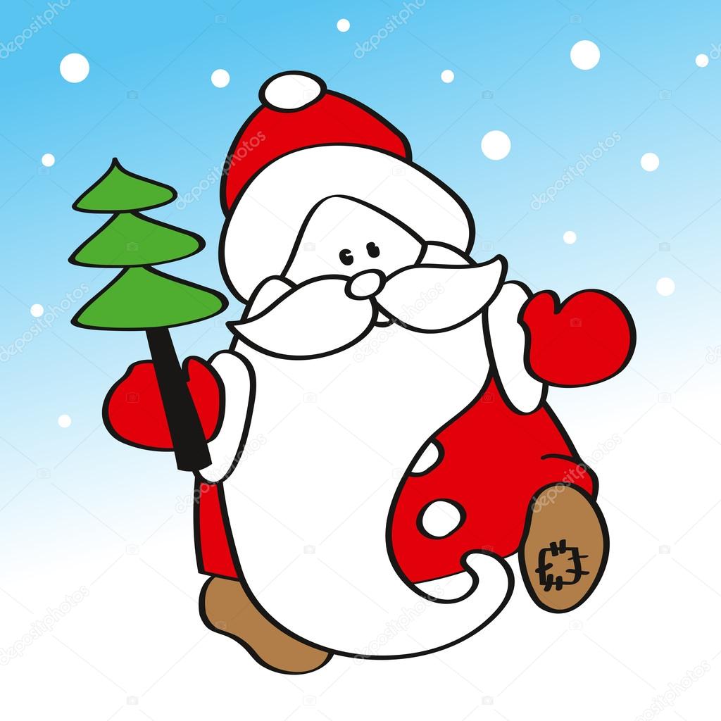 Funny Father Frost carrying a Christmas tree