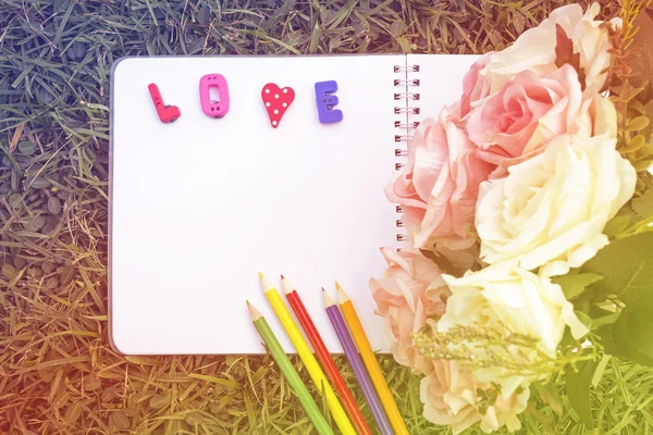 Mensagem de amor no caderno de esboços e buquê de rosa na grama verde em vi — Fotografia de Stock