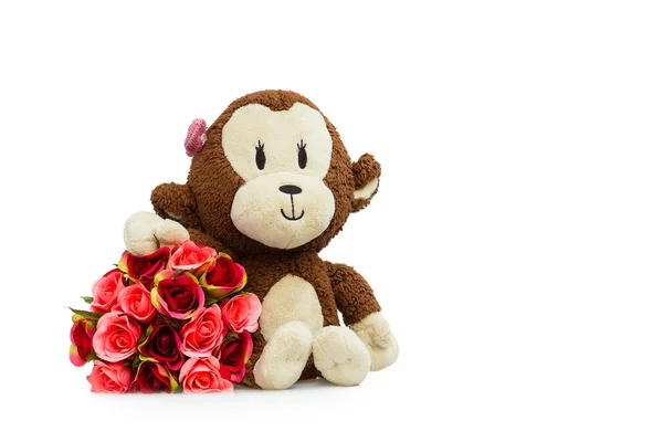 Little monkey and Bouquet of Roses — Stock Photo, Image