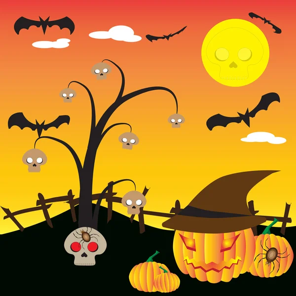 Halloween night background with skull tree and pumpkin — Stock Vector