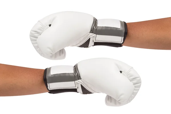 Guantes de boxeo blancos en las manos aisladas e incluyen camino —  Fotos de Stock